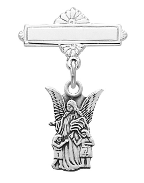 Sterling Guardian Angel medal Baby Bar Pin. Sized for baby. Perfect for baptism or christening gift. Comes in a deluxe gift box. Made in the USA. Engraving Option available