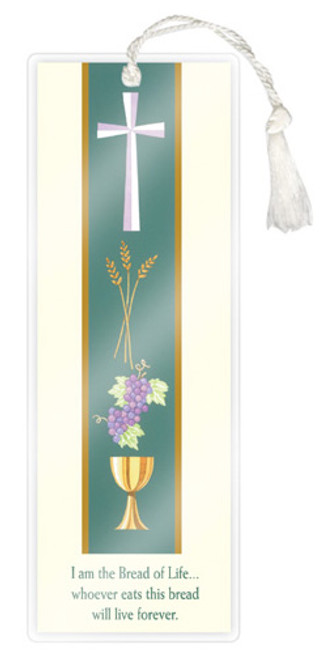 Communion Bookmark, Banner Style. Five 2-3/4" x 4-1/4"  bookmarks per pack. Coordinating Certificate (XC103), Bulletin (TB101), and Holy Card (HG29) Available. 