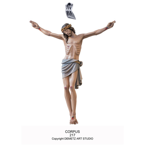 Beautiful hand carved wood corpus ~ Hand painted for life-like features. Available in Linden Wood, Fiberglass, Marble or Bronze. Sizes Available: 12', or 96". Please call 1.800.523.7604 for pricing  *Also available as a Processional Crucifix