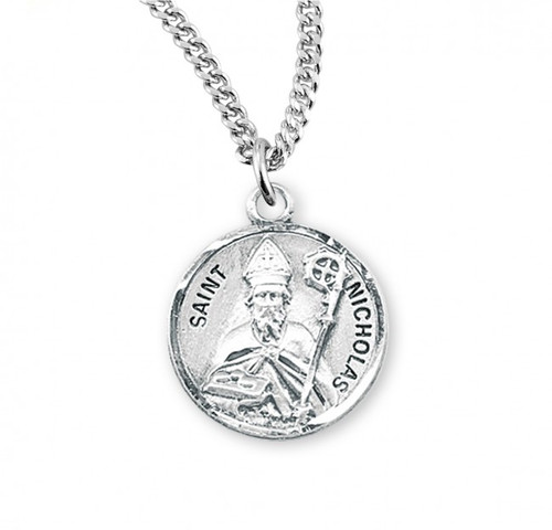 Solid .925 sterling silver Saint Nicholas round medal-pendant. Saint Nicholas is the Patron Saint of bakers, captives, children, merchants, and pawnbrokers.  A 20" Genuine rhodium plated curb chain and a deluxe velvet gift box are included. Made in the USA. Engraving Available.