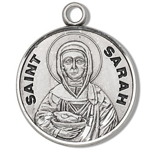 Saint Sarah Medal ~ Solid .925 sterling silver Saint Sarah round medal-pendant. Saint Sarah is the Patron Saint of laughter. An 18" Genuine rhodium plated fine curb chain and a deluxe velour gift box is included. Dimensions: 0.9" x 0.7"(22mm x 18mm). Made in the USA. Engraving Available