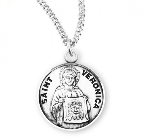 Sterling Silver Round St. Veronica Medal - 18" Chain