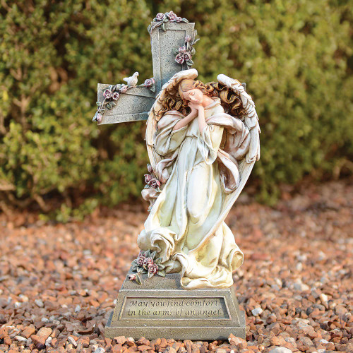 Memorial Angel and Cross Garden Statue - 15"