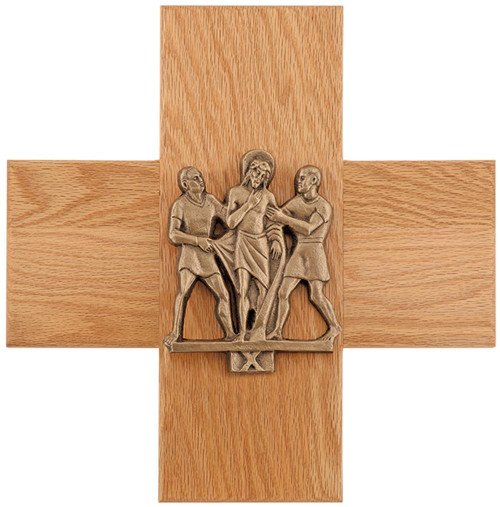 Antique Bronze Stations of the Cross on Oak Cross Plaques – Set of 14