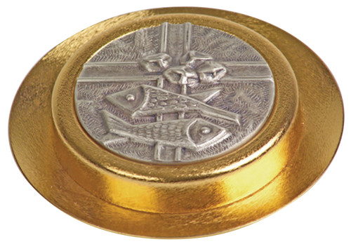 24K Gold-Plated Pyx with Pewter Loaves & Fishes Emblem – 35 Host Capacity