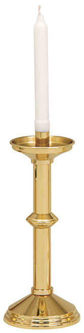 Candlestick is  solid brass and highly polished with clear lacquer. 12" height, 5" base, 7/8" socket. Candles not included

 