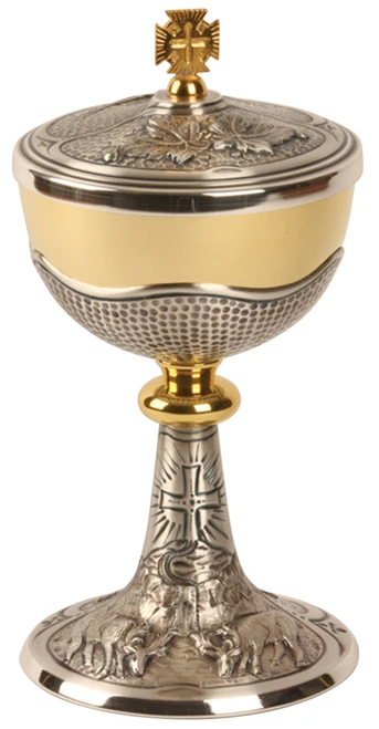 24K Gold-Plated & Oxidized Silver Ciborium with Holy Spirit & Grape Design – 250 Host Capacity