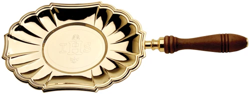 24K Gold-Plated Communion Paten with Engraved IHS & Wood Handle