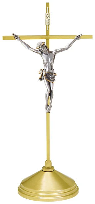 Solid Brass Altar Crucifix with Oxidized Silver Corpus – 15" H