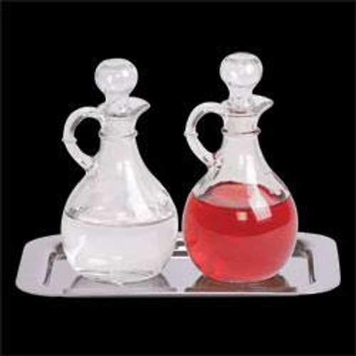 Cruet & Tray Set. Polished Stainless Steel Tray measures 6 1/2" x 9 1/2". Cruets 6" High, 10 oz. Capacity. Tray and Cruets can be purchased separately

 
