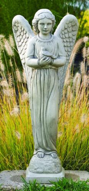 This gorgeous and elegant cement angel garden statue is a great addition to your garden. This statue features an angel holding a dove and is made to order, please allow 4-6 weeks for delivery.
Details:
Dimensions: 29"H x 11.5" W x 6.75"BW x 7"BL
Weight: 40 lbs
Made of cement
Allow 4-6 weeks for delivery
Made in USA 
 