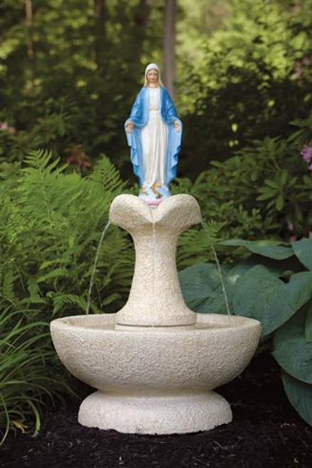 This Blessed Mother clover leaf fountain can make a beautiful and unique addition to your garden. This fountain features a Blessed Mother statue at the top of the fountain and a clove leaf fountain style. Choose this fountain in a natural cement color or in a detailed stain. The detailed stain features a white fountain and colorful stained statue.

Details:

42.75" H
24" W
18" base diameter
Weight 215 lbs
All statues are made to order, please allow 4-6 weeks for delivery
Made in USA
Shipping prices not included, please call us for shipping price.