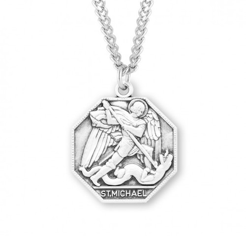 Sterling Silver Octagonal St. Michael Medal - 24" Chain