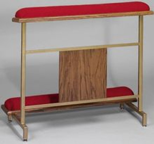 A red kneeling pad sits on top of two metal legs that are connected to another pad at chest height.