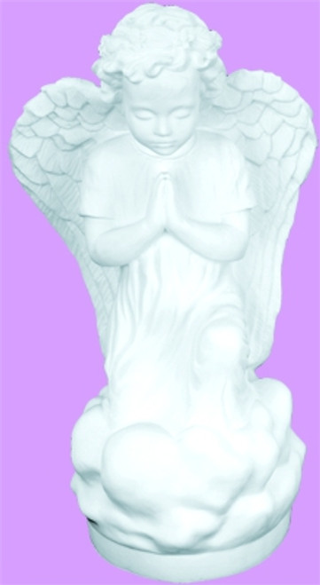 A white kneeling angel with hands held together in prayer on a purple background.