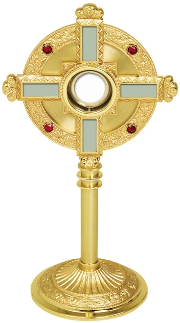 24K Gold-Plated Eucharistic Ostensorium with Silver Cross & Ruby Accents – 23" H