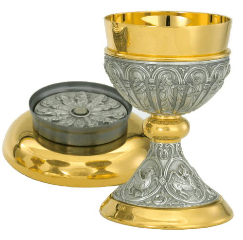 Two-Tone Apostles Motif Chalice & Bowl Paten and Matching Ciborium
