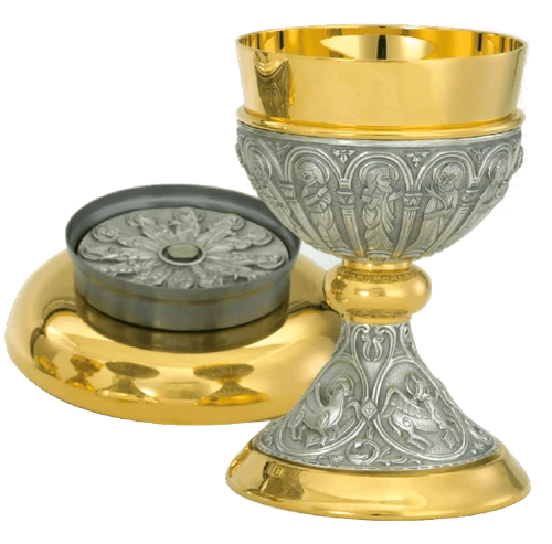 Two-Tone Apostles Motif Chalice & Bowl Paten and Matching Ciborium