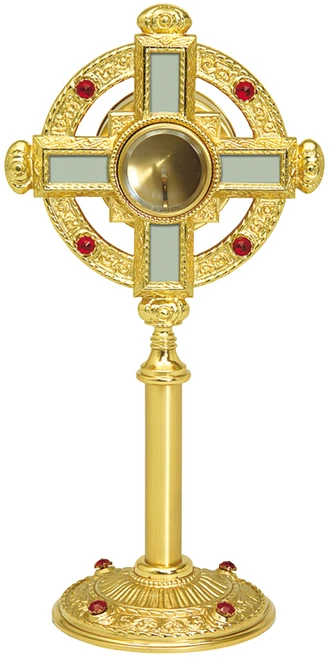 24K Gold-Plated Ostensorium with Silver Cross & Ruby Accents – 15" H