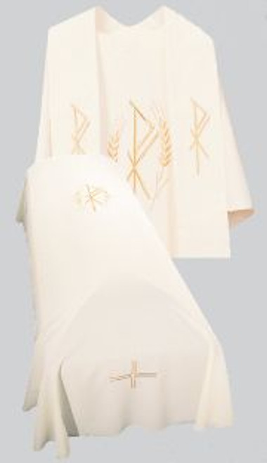 Chasuble shown with coordinating overlay stole and funeral pall~Resurrection Mass Set Funeral Chasuble with Embroidery Front and Back. Tailored in no iron textured polyester. Coordinating Funeral Pall (468) and Overlay Stole (764) are sold individually. Genuine Swiss Schiffli embroidery has been generously applied in a combination of multi and single color embroideries, front and back.