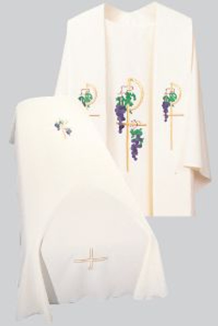 Resurrection Mass Set Funeral Pall with the Grapes & Chi Rho Design embroidered.
Tailored in no iron textured polyester. Coordinating Funeral Chasuble (845A) and Overlay Stole (709) are sold individually. Genuine Swiss Schiffli embroidery has been generously applied in a combination of multi and single color embroideries, front and back.