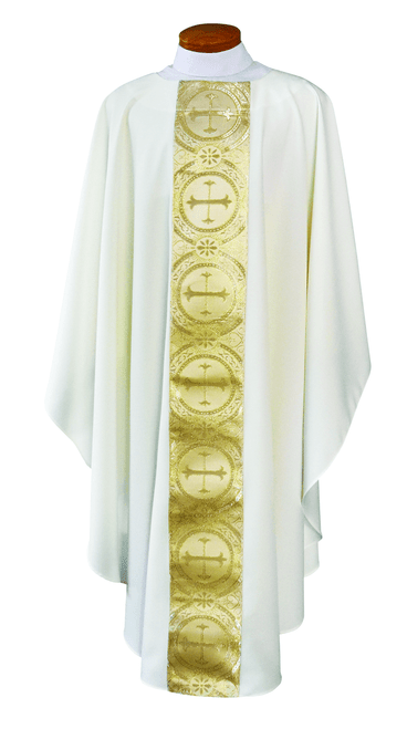 Chasuble ~ 2040
Tailored in a white linen-weave polyester with gold and white satin brocade. 
