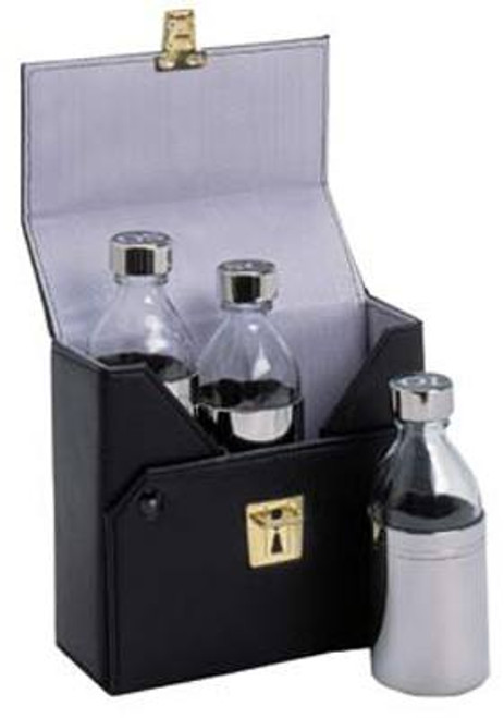 Ambry Set-5-1⁄2˝H. case, three 4 oz. cap. bottles. Leak-proof covers labeled OS, SC, OI.

