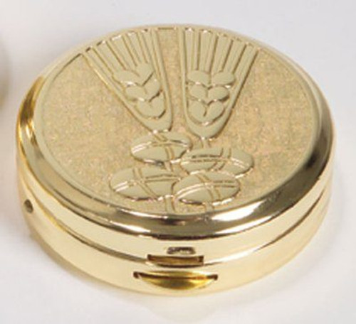 Two-tone bright and satin finish. Wheat and bread design on lid. 1-1/2" x 1/2". Host Capacity-10 (Based on 1-1/8 host capacity). Use with Burse 3110 sold separately. Two-tone bright and satin finish. Wheat and bread design on lid. 1-1/2" x 1/2". Host Capacity-10 (Based on 1-1/8 host capacity). Use with Burse 3110 sold separately.