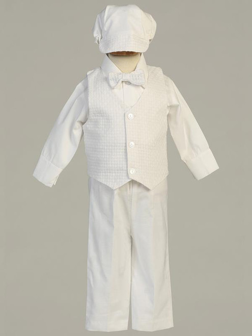 Boys cotton weaved vest with cotton pants set, vest and hat included.   Instantly turns any child into a handsome young prince! Made in the USA.  Sizes : 0-3m, 3-6m, 6-12m, 12-18m & 18-24m, 2T, 3T, & 4T.  Made in USA.