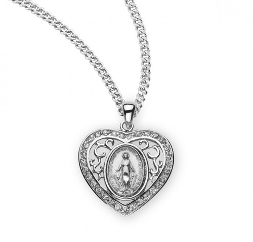 Sterling Silver Heart Miraculous Medal with Cubic Zirconia - 18" Chain