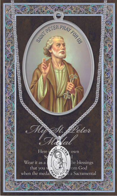 Patron Saint of Fishermen, Bridge Builders, Foot Trouble. 3" X 5" vinyl folder with removable oxidized medal.  1.125" Genuine Pewter Saint Medal won a Stainless Steel Chain. Silver Embossed Pamphlet with Patron Saint Information and Prayer Included. Biography/History of the Saint and gives the Patron's attributes, Feast Day and Appropriate Prayer. (3.25"x 5.5")