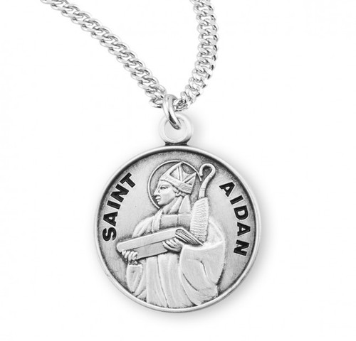 Sterling Silver Round St. Aidan Medal - 20" Chain