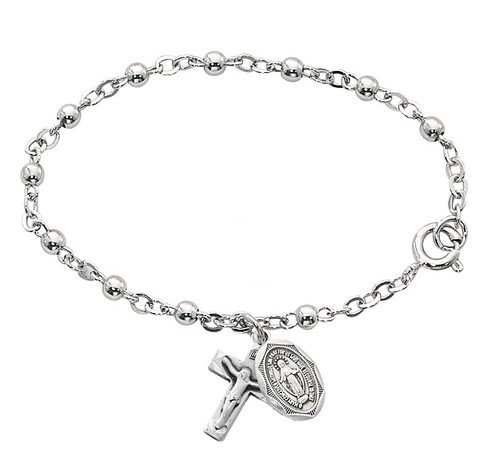 3MM Sterling Silver Beaded Bracelet with Miraculous Medal and Crucifix