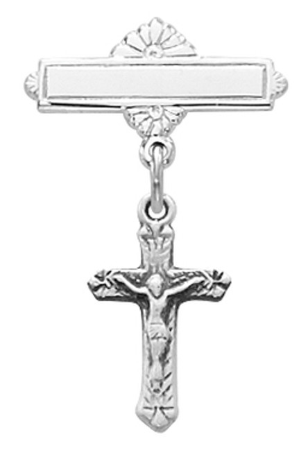 Crucifix Baby Bar Pin, Available in Sterling  Sterling. Rhodium finish. Gift Box included. Engraving Option Available