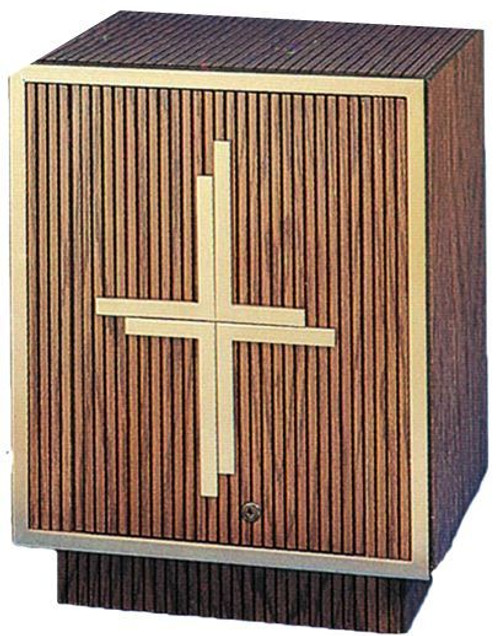 Wood Construction with metal door (opens left to right), combination brass trim, cabinet lock and satin lined inside. Dimensions" 18"H x 19"W x25"D.