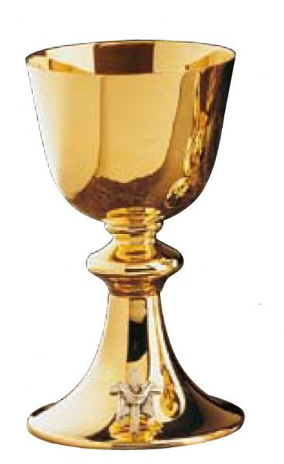 Brass Gold Plated. Cross symbol on base. Includes 5 3/4" scale paten. Height: 7 7/8". Cup Diameter: 4 1/8". 12 Oz. Includes 5 3/4" scale paten. If you wish to have the chalice engraved please add the information in the comments section when ordering. Imported from Spain. Please allow 5 to 8 weeks for delivery.