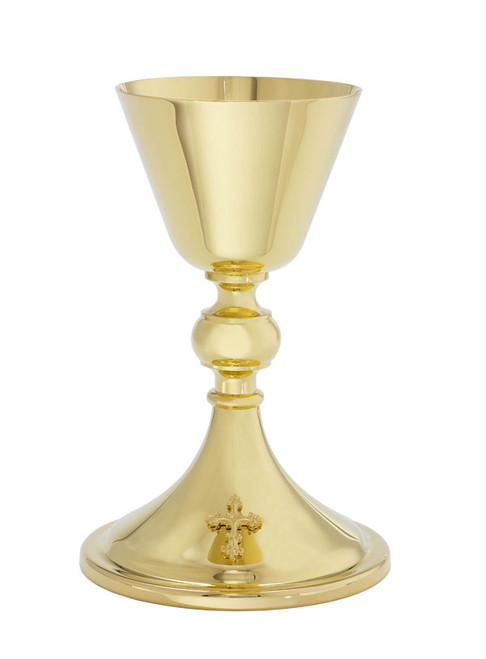 Chalice, A-101G, 24 kt gold plate, 7 7/8" in height and has a capacity for 8 oz. A 5.5" scale paten is included.

Ciborium B-102G - 24 kt gold plate ciborium holds 175 hosts. Stand 9.5"H.