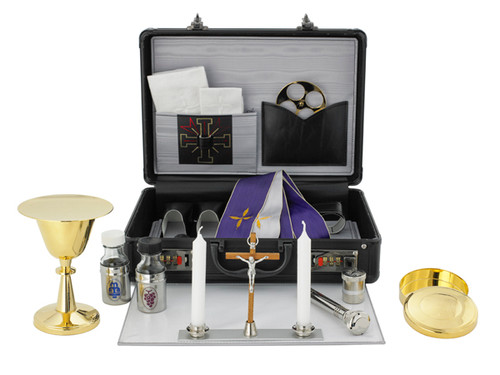 24kt gold plate. Kit inlcudes:  Chalice Ht. 5". 3 oz. with 4 1/8" scale paten; Host box cap.25; 1 oz. Cruets; Candles 5 1/4"; Cross Ht. 4 3/4"; Sprinkler 4 7/8";  Oil stock 1 5/8"; Case w/lock 12" x 8 1/2" x 4". Made in Europe