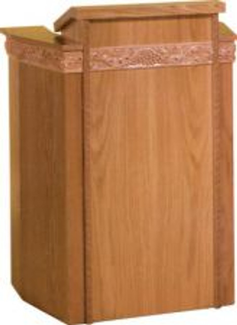 Pulpit with extended shelf for lamp and microphone

With two inside shelves

Dimensions: 45" height, 36" width, 28" depth

Brass Lamps and Symbols are available at an additional cost