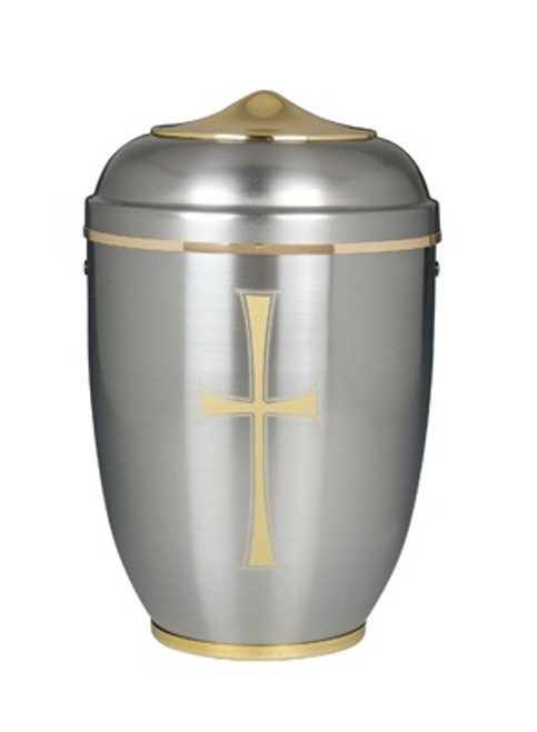 Silver Aluminum With Gold Cross Memorial Urn