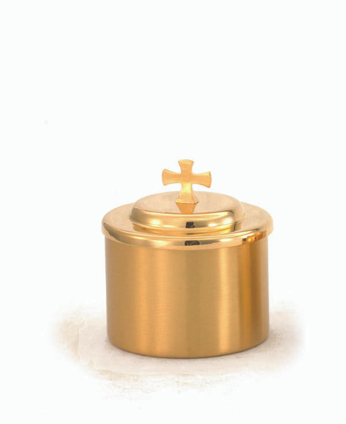 24 KT Gold Plated Satin finish Host Box - Diameter: 3 5/8". Height: 4 1/4". Holds 150 Host. Based on 1 3/8" hosts