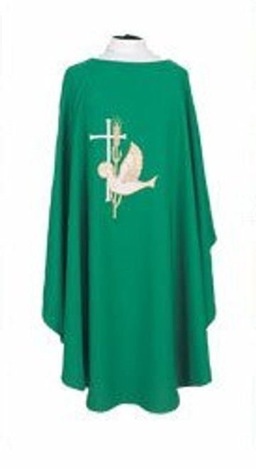 Embroidered Ample Cut Lightweight Chasuble 851 ~ Ample cut (60"W x 52"L), lightweight, textured fortrel polyester-linen weave.  Multicolor Swiss Schiffli Embroidery on front only or front and back. Self lined stole is included with each chasuble. Available with roll collar at an additional cost.