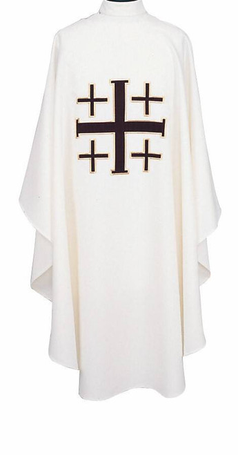 Embroidered Ample Cut Lightweight Chasuble 854 ~ Ample cut (60"W x 52"L), lightweight, textured fortrel polyester-linen weave.  Multicolor Swiss Schiffli Embroidery on front only or front and back. Self lined stole is included with each chasuble. Available with roll collar at an additional cost.