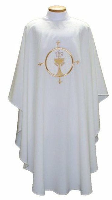 Ample cut (60"W x 52"L), lightweight, textured fortrel polyester-linen weave.  Multicolor Swiss Schiffli Embroidery on front only or front and back. Self lined stole is included with each chasuble. Available with roll collar at an additional cost.