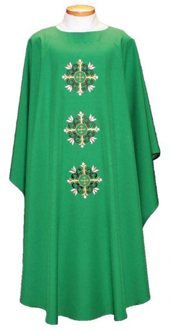 Embroidered Ample Cut Lightweight Chasuble 2019-Ample cut (60"W x 52"L), lightweight, textured fortrel polyester-linen weave.  Multicolor Swiss Schiffli Embroidery on front only or front and back. Self lined stole is included with each chasuble. Available with roll collar at an additional cost