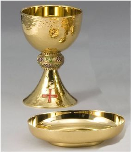 Chalice and Bowl Paten Set - Height of chalice: 7 1/2", Cup diameter: 4 1/2", 16 ounce capacity, cast node, sterling silver inner cup, Paten diameter: 6 ".