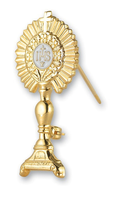 1-3/4" Gold over Sterling Silver Monstrance Broach Pin with White Enamel Center 