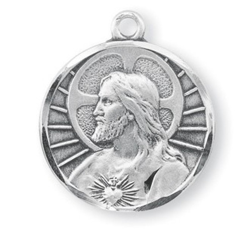 1" Sterling Silver Scapular Medal showing the Sacred Heart of Jesus on the round shaped front and Our Lady of Mount Carmel on the reverse side.  Medal comes with a genuine rhodium 24" Chain in a deluxe velour gift box. 