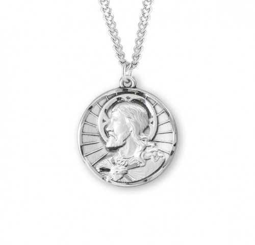 Sterling Silver Round Sacred Heart of Jesus Scapular Medal - 24" Chain