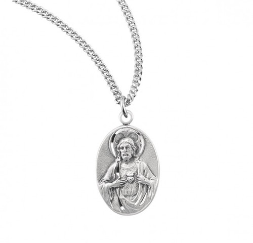 Sterling Silver Oval Sacred Heart of Jesus Scapular Medal - 18" Chain